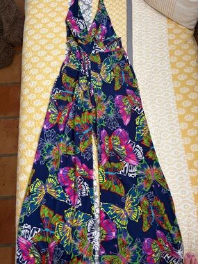 Women’s Navy Butterfly Print Halter Jumpsuit
